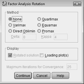Gambar 3.8. Kotak dialog Rotation Tampilan ROTATION berisi berbagai tools untuk melakukan proses rotasi (pemutaran sumbu) dari hasil factoring sebelumnya. Pengisian: o METHOD atau metode rotasi.