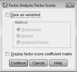 Gambar 3.19. Kotak dialog Factor Scores Pengisian: o Aktifkan kotak Save as variables, dan secara otomatis kotak METHOD akan terbuka. Biarkan pilihan pada REGRESSION.