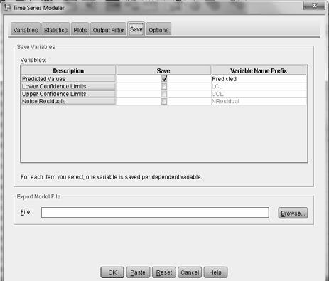 Gambar 5.17 Kotak dialog TS Modeler tab Statistics ARIMA(0,1,1) Kemudian klik tab Plots. Plot merupakan menu untuk menampilkan variasi grafik dari data. Gambar 5.