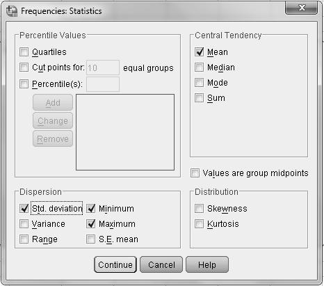 Gambar 5.1 Kotak dialog Frequencies: Statistics - data IHSG 2009 Pengisian: Klik pada pilihan Mean, Minimum, Maximum, dan Std. Deviasi seperti pada Gambar 5.1. Klik Continue. Analisis Output.