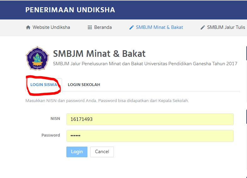 Klik menu SMBJM minat & bakat selanjutnya, klik menu login siswa dan akan tampil seperti gambar di bawah ini : Keterengan : 1.
