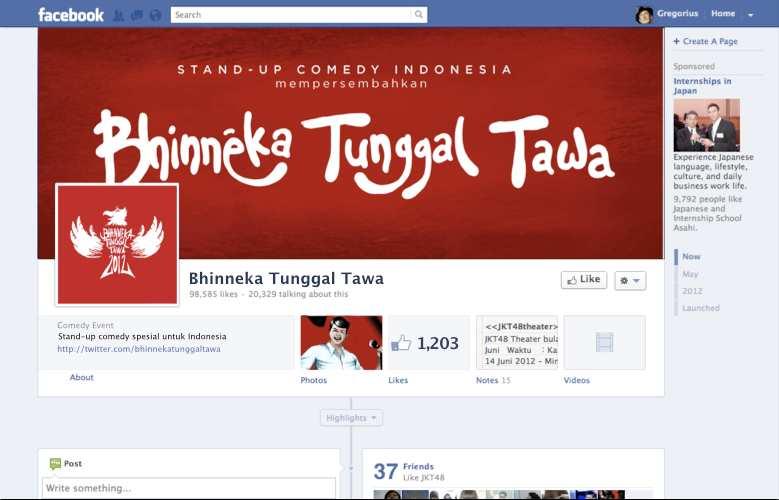 41 mendapatkan informasi lebih lengkap tentang detail acara. Visual Bhinneka Tunggal Tawa diaplikasikan ke profile picture dan cover photo. Gambar 5.15 Tampilan Halaman Utama Fanpage Facebook 5.12.