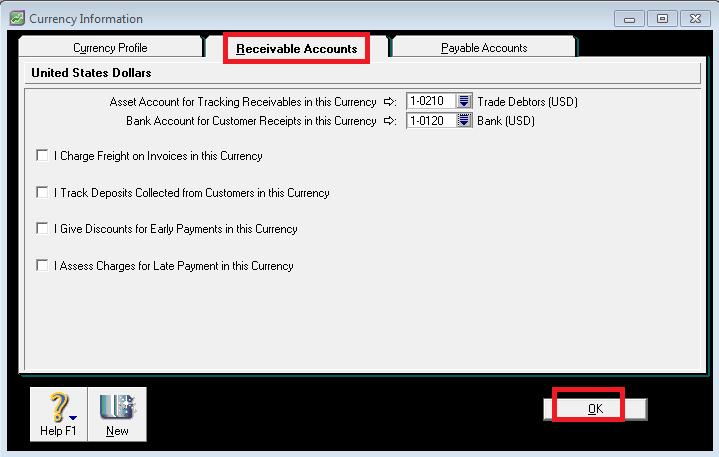 Asset Account for Tracking Receivables 1-0210 Trade Debtors (USD) Bank Account for Customer Receipt 1-0120 Bank (USD) Klik Ok b.