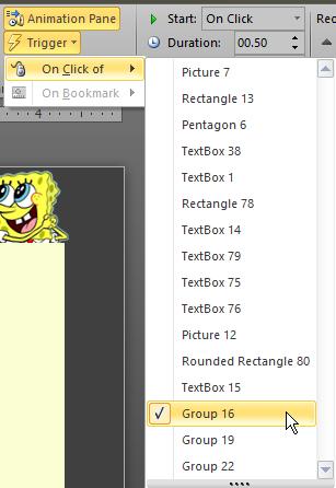 23 69. Selanjutnya beri animasi Pulse pada tombol SELEBRITI. 70. Pada Start pilih On Click 71. Pada Trigger pilih On Click of lalu pilih Group 16.