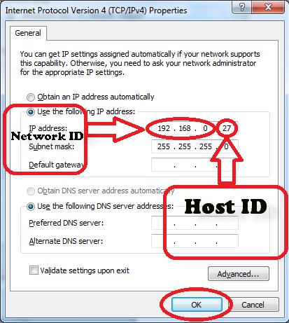 7. Isi dengan Ip Address 192.168.0.27 dan Subnet mask 255.255.255.0 Lalu Klik OK Keterangan : Network ID 192.