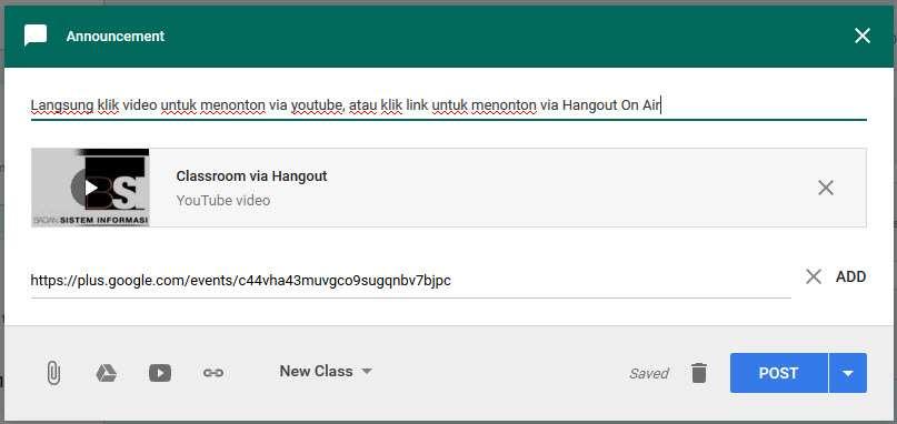 mengarahkan user langsung ke youtube Untuk menampilkan Hangout On Air pada Classroom, kami menggunakan fasilitas
