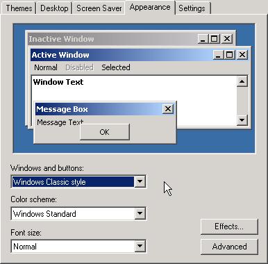 Appearance Arahkan pointer mouse pada menu windows and buttons Pilih tampilan yang disuka Arahkan pointer mouse pada color scheme Pilih warna