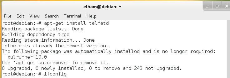 Install telnetd dengan perintah : #apt-get install telnetd Untuk yang pilih telnet lewat inetd, masuk ke file kongurasi /etc/inetd.