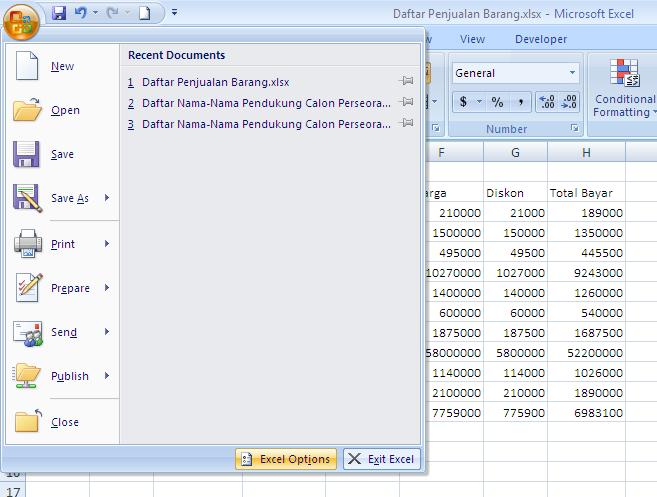 b. Klik Office Button > Excel Option. c.