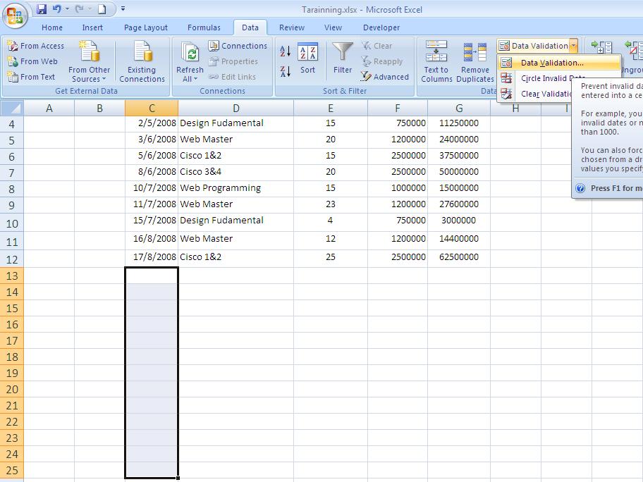 e. Sorot range C13:C25, klik menu tab Data > Data Validation >