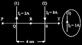 32. Dua kawat lurus (1) dan (2) diletakkan sejajar dan terpisah 4 cm seperti gambar. Kawat ke-3 akan diletakkan di dekat kawat (1) dan (2).