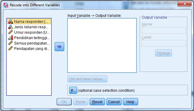 Gambar 2.4 Tampilan kotak dialog Recode into Different Variables Pindahkan variable umur ke kotak Input Variables Output Variables. Kemudian pada kotak Output Variable, untuk Name tuliskan Kel.