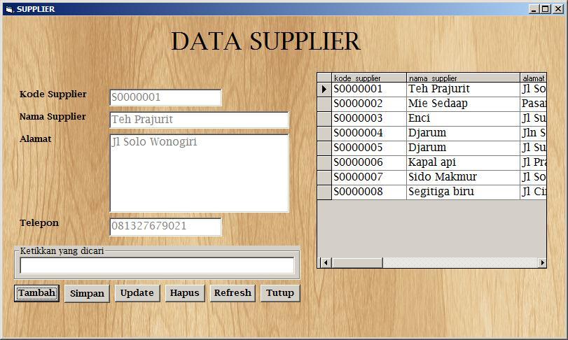 Gambar 4.5 Form Data Supplier Form data supplier hampir mirip fungsinya dengan data barang, perbedaannya pada data yang diolah dalam form ini adalah data supplier.
