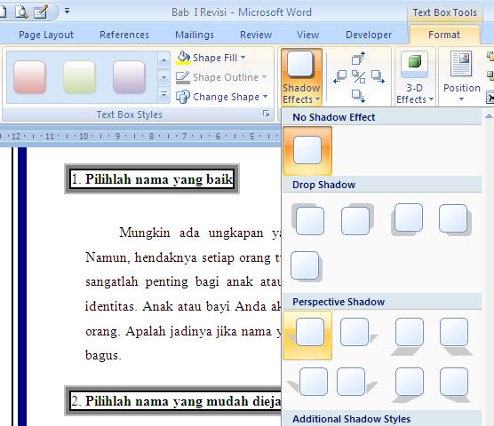 (lihat style text box soal). g. Klik icon menu Shadow Efect.