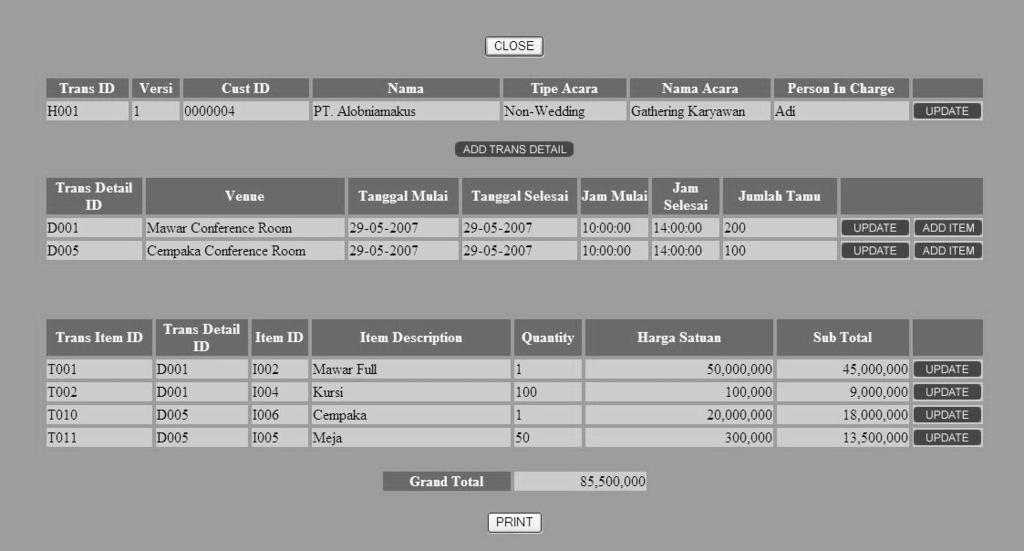 196 Gambar 4.25 Layar Detail Query Tampilan layar ini menampilkan detail dari transaksi terdiri dari data trans header, trans detail, dan item-itemnya yang di pesan oleh customer.