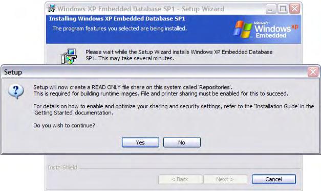 215 o. Apabila terdapat pesan peringatan seperti di bawah ini, pilih Yes Gambar 4.70 Instalasi XP Embedded File Sharing Configuration p.