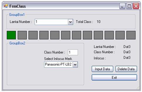 116 Form Class Untuk mengisi form ini, pilih menu Database > Class. Gambar 4.5 Tampilan GUI untuk Form Class Pilih nomor lantai dan merek proyektor dengan drop down menu.