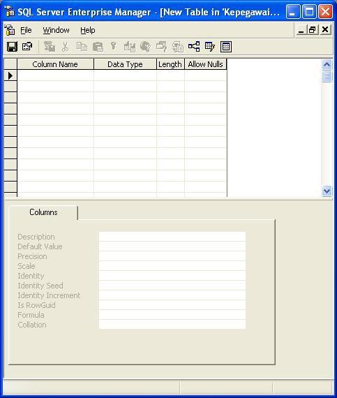 7 Bila anda mengklik New Table Maka akan muncul tampilan window seperti di bawah ini, terdapat Coloumn Name (untuk mengisikan Nama Kolom/ Nama Field), Data