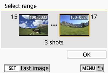 [File number range (Rentang nomor file)] (Pilih rentang) Gambar pertama Gambar terakhir Pilih gambar pertama dan terakhir dari gambar yang disusun berdasarkan nomor file untuk menentukan gambar yang