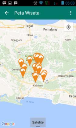 Salah satu menu yang ada pada aplikasi android adalah menu peta wisata. Menu ini berfungsi sebagai pemandu seluruh tempat wisata serta sarana wisata yang ada di Kabupaten Banyumas.