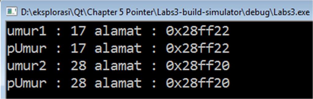 Pada program diatas pointer pumur mereferensi/menunjuk ke alamat dimana nilai variabel umur disimpan. Untuk mengakses nilai dari variabel umur lewat pointer dapat menggunakan dereference operator (*).