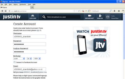 2. Membuat Acount di Justin.tv Pembuatan account di Justin.