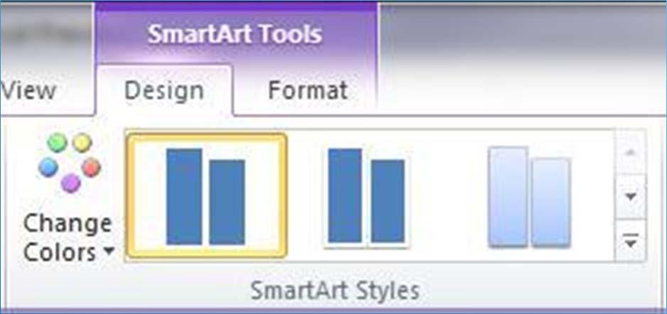 Memformat SmartArt Grafis Variasi warna dan bentuk dalam SmartArt grafis dapat diatur 1. Klik SmartArt grafis 2. Dalam SmartArt Tools, pada tab Design, dibagian SmartArt Styles group 3.