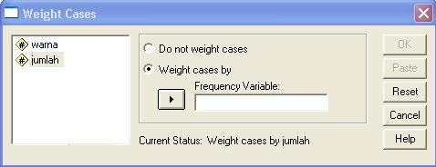 Letakkan pointer pada kolom variabel warna Pilih menu Data, kemudian sub menu Weight Cases.
