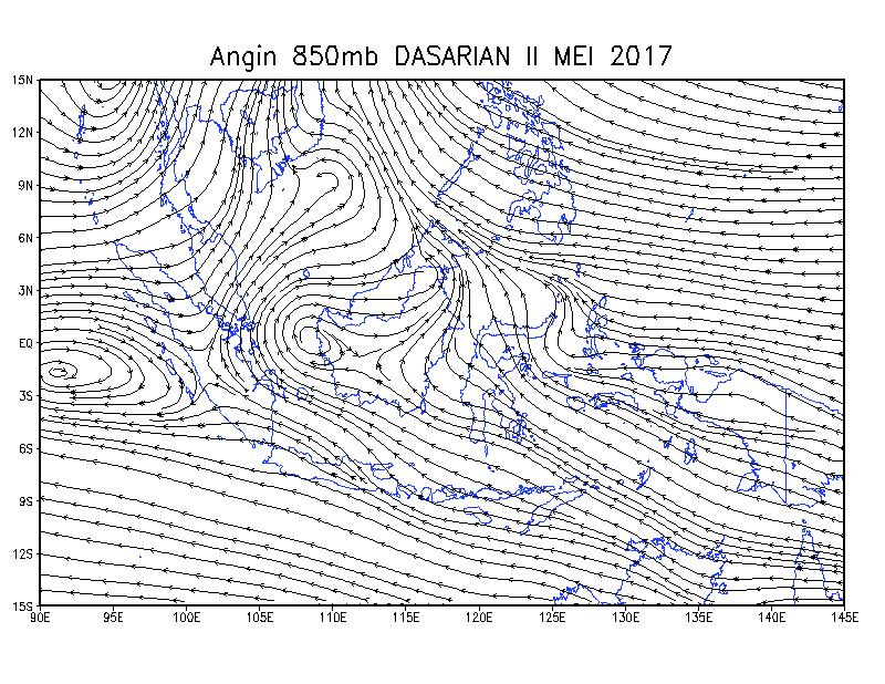 ANALISIS & PREDIKSI ANGIN LAP 850MB Prediksi Angin 850mb Dasarian III MEI 2017 vanalisis Dasarian II Mei 2017 Aliran massa udara didominasi angin timuran.