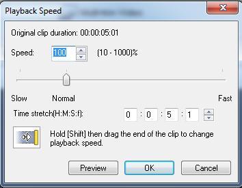 Pilih file video yang akan diatur durasinya. 2) Klik pada Playback speed dalam panel pilihan Video sampai muncul jendela seperti gambar 11. 3) Kemudian akan dimunculkan window Playback Speed.