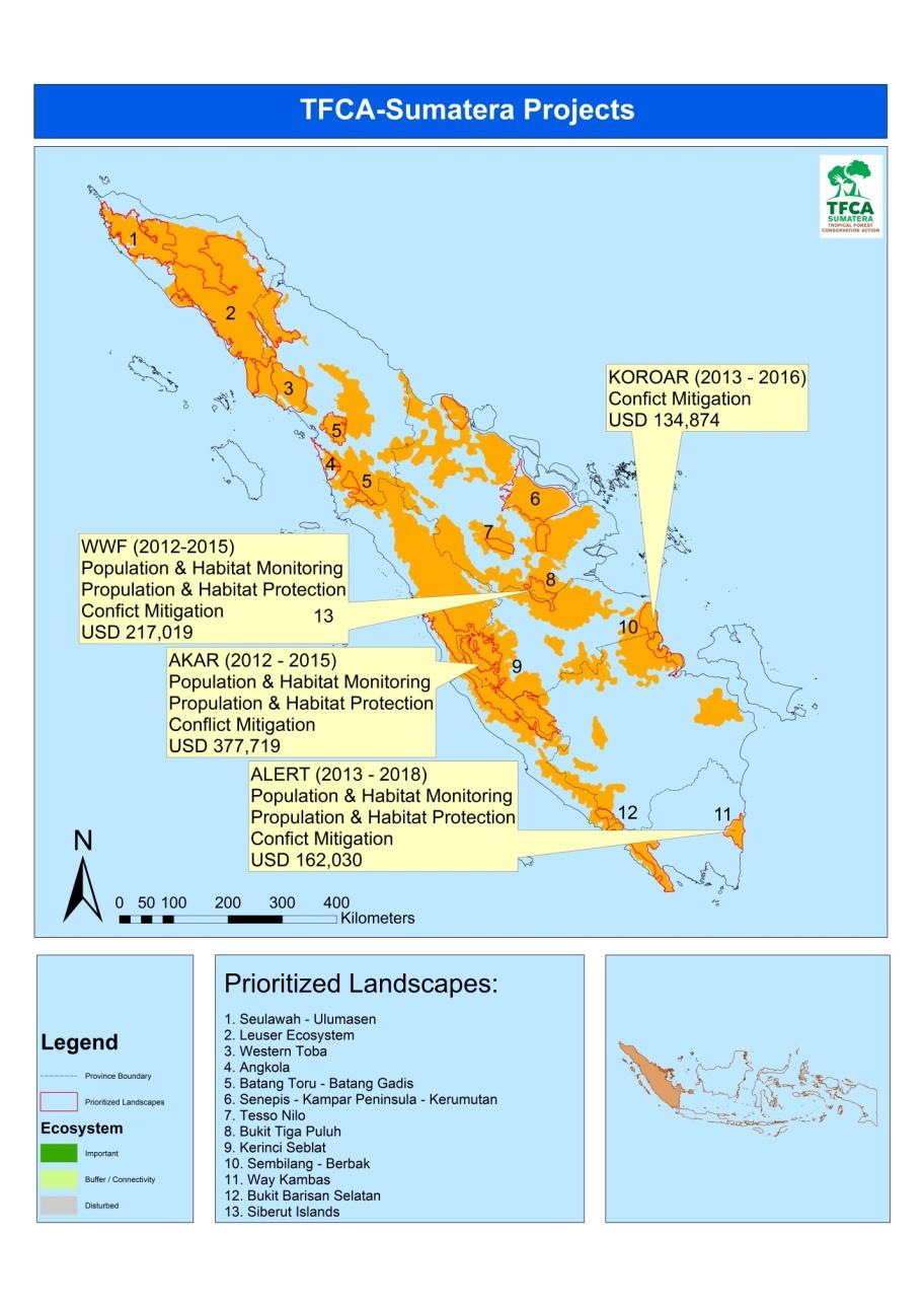 Gambar 3. Sebaran populasi Harimau Sumatera dan lokasi proyek konservasi Badak TFCA- Sumatera. polygon berwarana oranye merupakan wilayah distribusi populasi Harimau Sumatera saat ini.