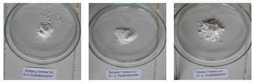42 sedangkan pada difeniltimah(iv) di-3-klorobenzoat dan difeniltimah(iv) di-4- klorobenzoat merupakan kristal putih, seperti ditunjukkan pada Gambar 12.