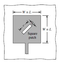 b) Antena mikrostrip patch segiempat dengan slot diagonal. Pada teknik slot diagonal pada patchnya, antena mikrostrip ini memiliki bentuk patch persegi, memiliki panjang yang sama pada setiap sisinya.