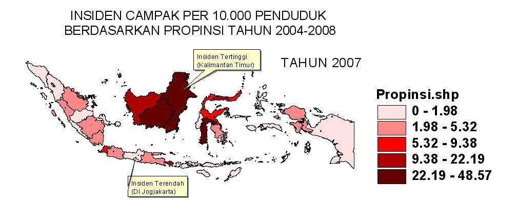 000 Penduduk Berdasarkan Propinsi di Indonesia Tahun 2006 Untuk tahun 2006, angka insiden campak tertinggi terjadi di propinsi Sulawesi Selatan dengan angka