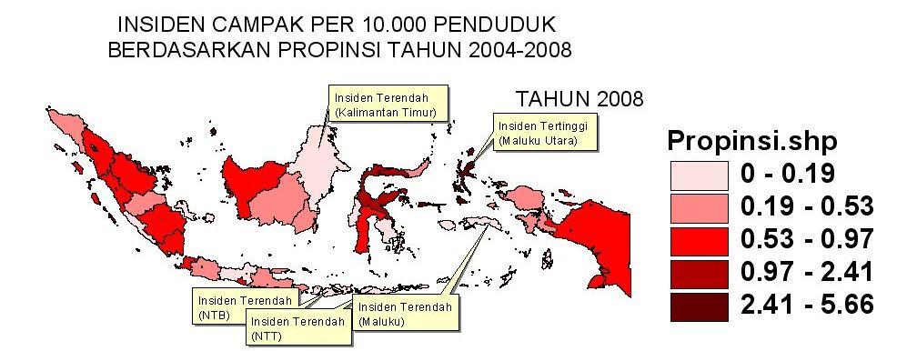 37 Sedangkan untuk tahun 2007, angka insiden campak tertinggi terjadi di propinsi Kalimantan Timur dengan angka insiden 48,57 per 10.