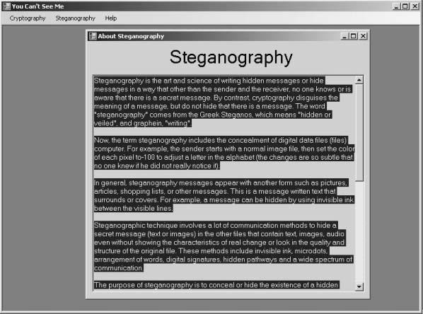 81 Submenu help yang terakhir adalah Steganography, submenu ini menjelaskan tentang steganografi secara singkat dan padat seperti yang terlihat pada gambar 4.24 berikut ini. Gambar 4.