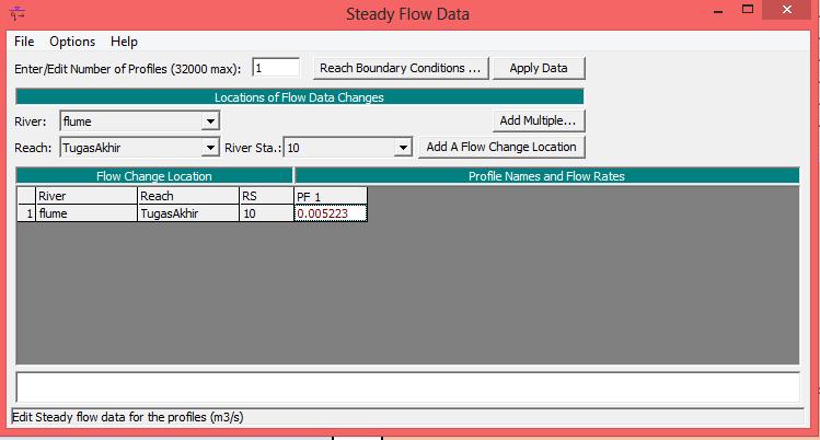 47 Gambar 4.50 Tampilan kotak dialog steady flow data b. Isikan data debit pada kolom PF1 dengan mengklik tombol reach boundary conditions.