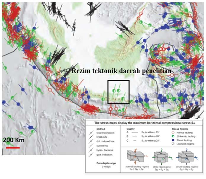 Gambar 19. Rezim tektonik daerah penelitian yang mengindikasikan pola strike slip (Modifikasi dari World Stress Map, 2009).