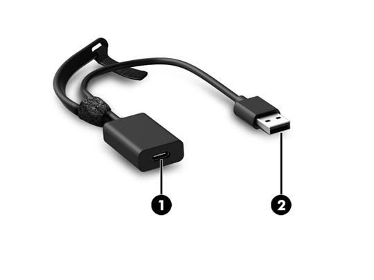 Komponen adaptor Komponen Keterangan (1) Port USB Tipe-C Menghubungkan adaptor ke stasiun penyambungan. (2) Konektor USB 3.0 Menghubungkan stasiun penyambungan ke port USB 3.