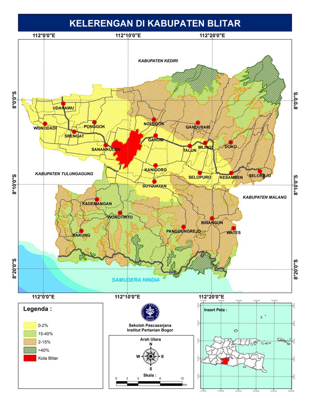 32 Wilayah Kabupaten Blitar Selatan, sebagian besar merupakan wilayah perbukitan dengan kelerengan rata-rata 15-40 persen, hanya sebagian kecil yaitu di sekitar DAS Brantas topografinya agak landai