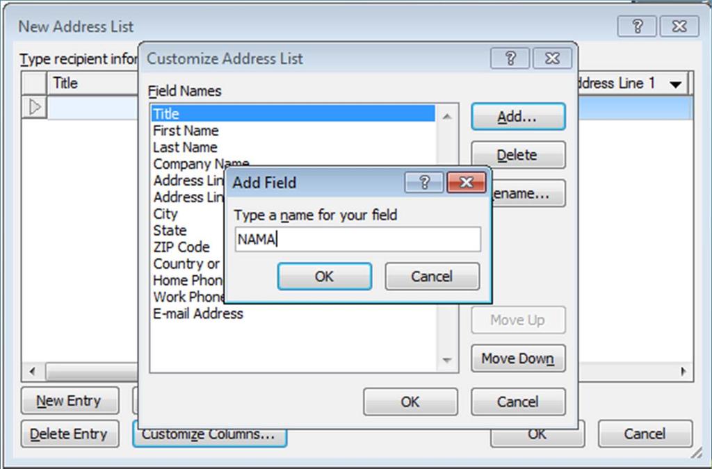 Menggunakan Mail Merge 9. Untuk menambahkan Field Names sesuai dengan yang diinginkan, pilih Add.