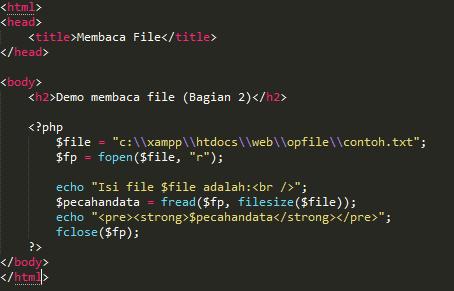 Dengan demikian, pada setiap pengulangan yang dilakukan di atas, fread() akan mengambil 30 byte data dari file contoh.txt dan menampilkannya ke layar web browser.