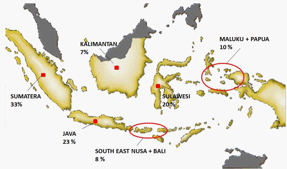 Gambar 1. Penyebaran areal kelapa di Indonesia Tabel 1. Luas areal dan produksi kelapa Indonesia berdasarkan status pengusahaan Tahun Areal ( ha ) Produksi ( ton) PR PB Total PR PB Total 1970 1.789.