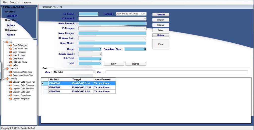 41 Gambar IV.10. Form Persediaan Padagambar diatas berfungsi untuk mengolah data persediaan, terdapat beberapa inputan mengenai data persediaan baru.