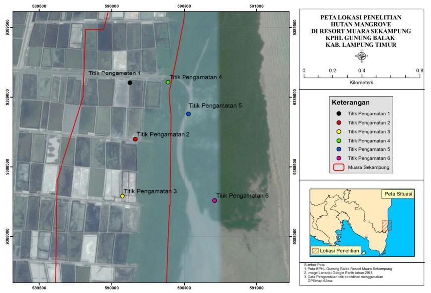 24 Gambar 3. Peta lokasi penelitian hutan mangrove KPHL Gunung Balak Resort Muara Sekampung Lampung Timur. 3.5.2. Data Sekunder Pengumpulan data sekunder dilakukan dengan studi pustaka.