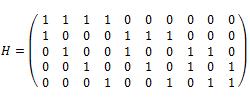 dengan n = jumlah kolom, dan jumlah bit dari codeword = 10 k = jumlah baris, dan jumlah bit dari asli (parity check constraint) = 5 = jumlah nilai 1 pada tiap kolom = jumlah nilai 1 pada tiap baris