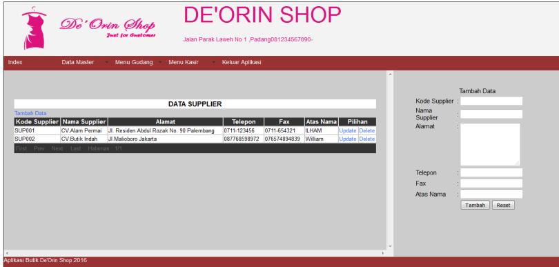 Perancangan Antar Muka Data Supplier Pada antar muka data supplier adalah untuk menginputkan data-data supplierde Orin Shop
