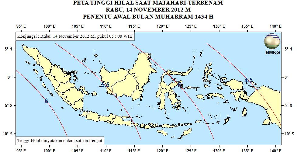 Adapun peta ketinggian Hilal saat Matahari terbenam di Indonesia pada tanggal 14 November 2012 dapat dilihat pada Gambar 2.