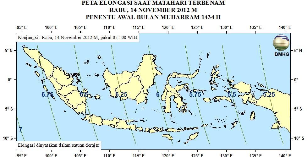 4. Peta Elongasi Pada Gambar 3 ditampilkan peta elongasi untuk pengamat di Indonesia saat matahari terbenam tanggal 14 November 2012.