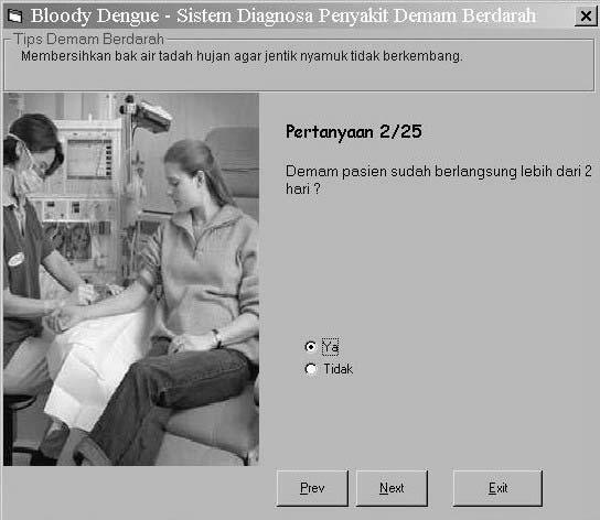 74 Gambar 4.4 Layar Pertanyaan 2 d. Layar Hasil Layar ini menampilkan hasil dari diagnosa. Pada atas layar terdapat logo Universitas Bina Nusantara dan logo program yaitu Bloody Dengue.